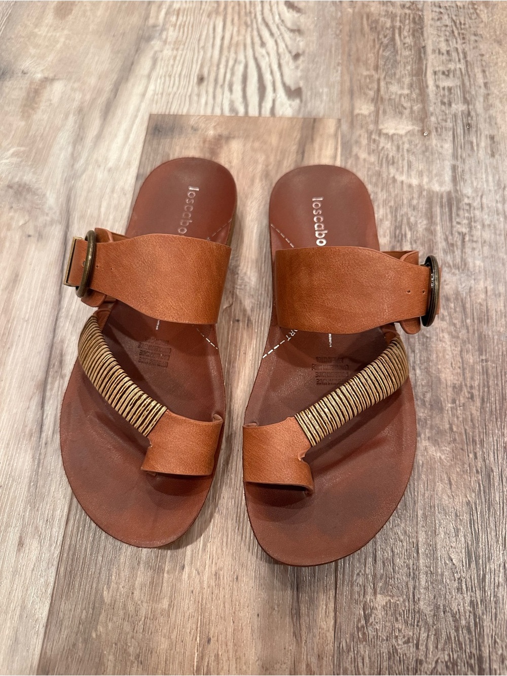 Los Cabos Brias Tan Leather Slide Sandal with Buckle Comfort Shoe Sz 38- Sz 7